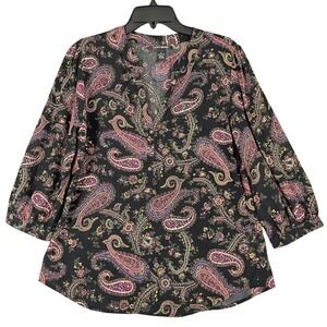 Lucky Brand Flowy Paisley Festival Top Size M Blouse 3/4 Sleeve Hippie Boho Folk